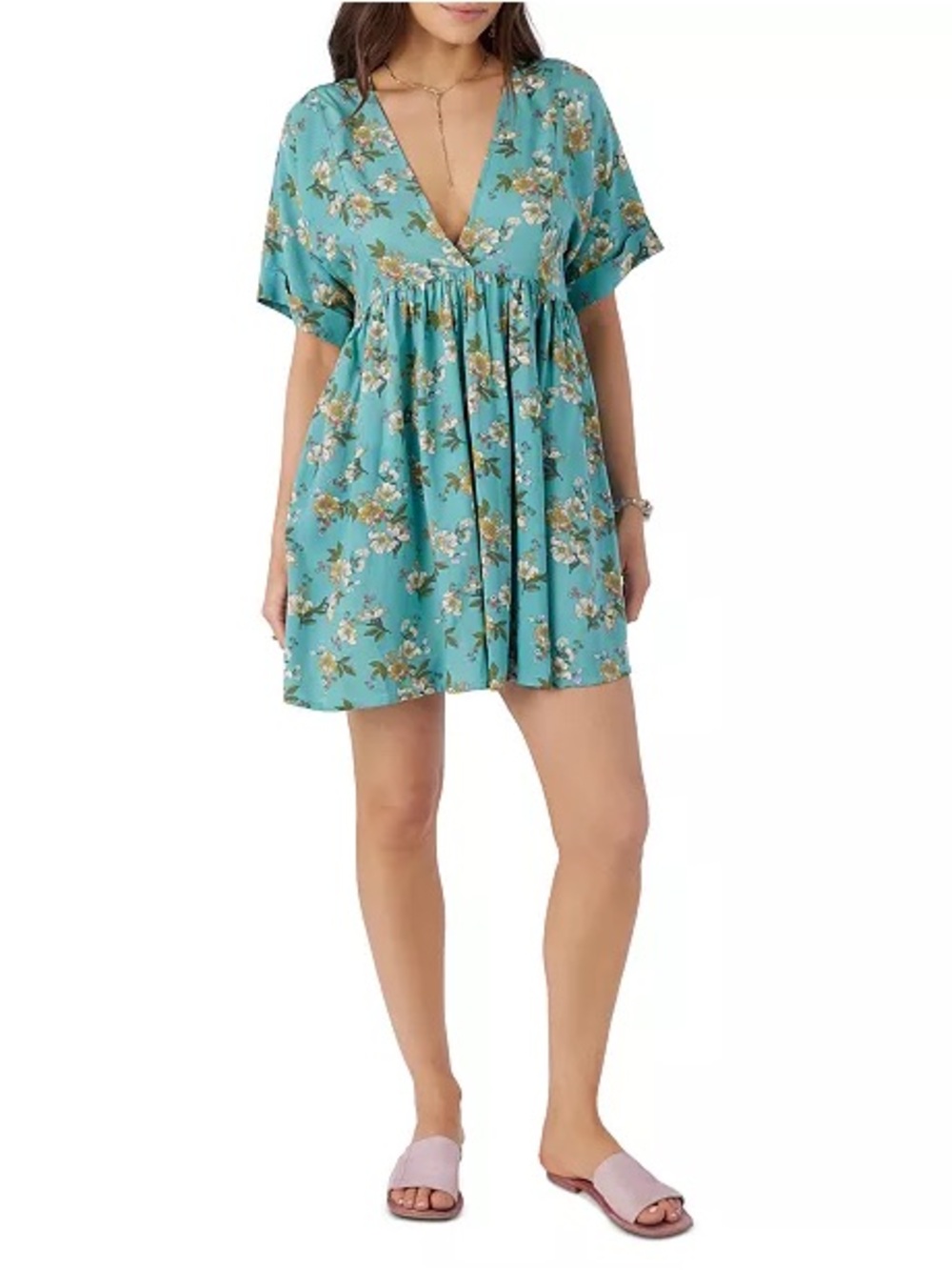 O’Neill Rosemary Marlow Mini Dress Teal Floral V-Neck Babydoll Dress